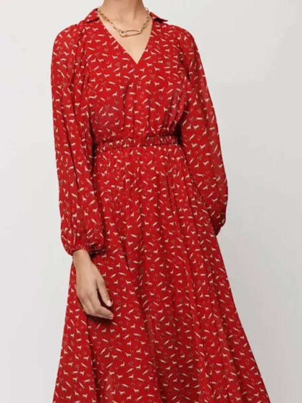 Maje Red Long Sleeve Floral Midi Dress Sz 40
